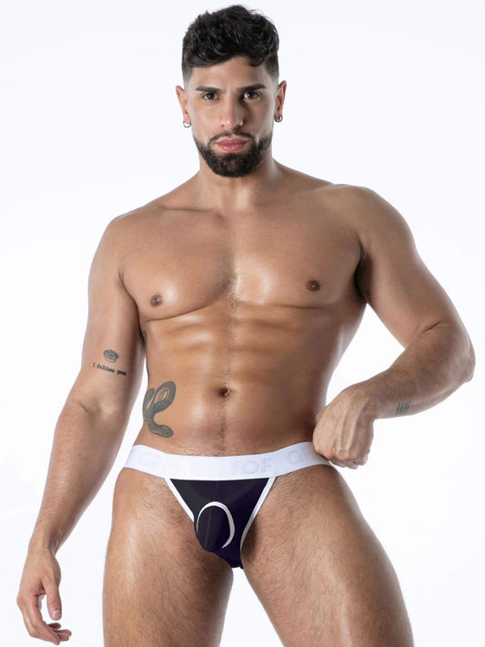 Man wearing a black and white men's underwear set on a white background