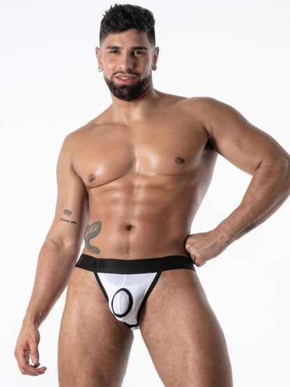Man wearing a black and white athletic supporter on a white background