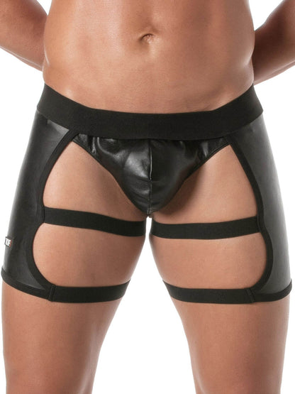 Black faux-leather garter-style briefs with a wide waistband and three horizontal leg straps, shown on a model against a white background.