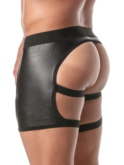 Rear view of a person wearing black faux-leather briefs with cutouts and thigh straps, shown against a plain white background.