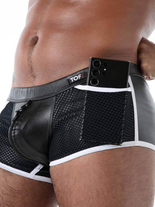 Black mesh underwear with a visible brand logo on a white background