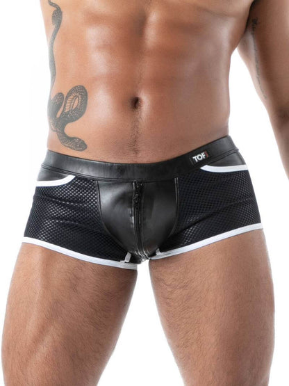 Black leather-trimmed underwear with white accents on a model against a white background