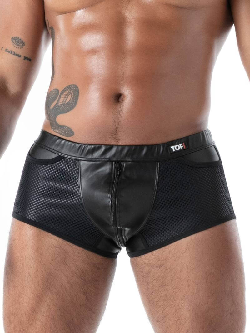 Black men's underwear with mesh design on a white background