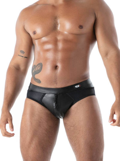 Man wearing a black men's underwear with 'TOF' branding on a white background