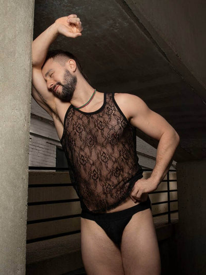 Timoteo Positano Black Floral Lace Tank Top