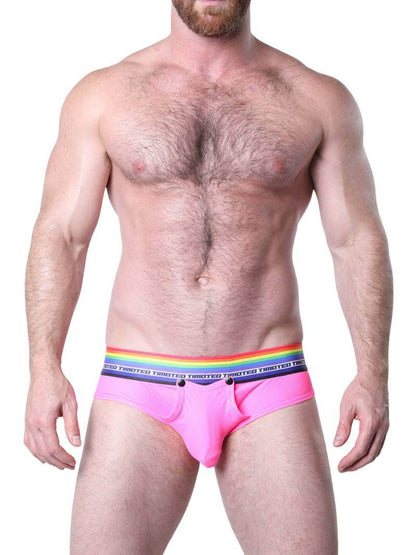 Man wearing blue underwear with a rainbow waistband on a white background