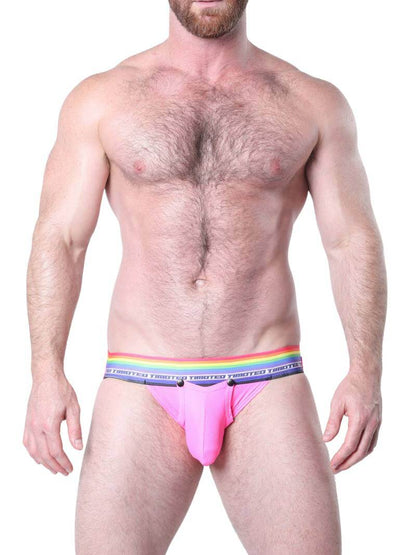 Man wearing blue underwear with a rainbow waistband on a white background