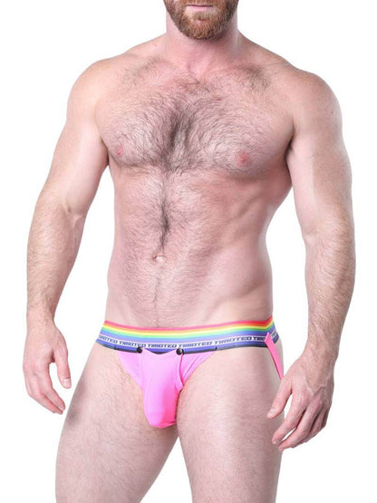Man wearing pink underwear with a rainbow waistband on a white background