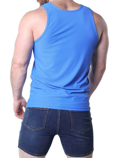 Man wearing a blue tank top with rainbow stripes on a white background