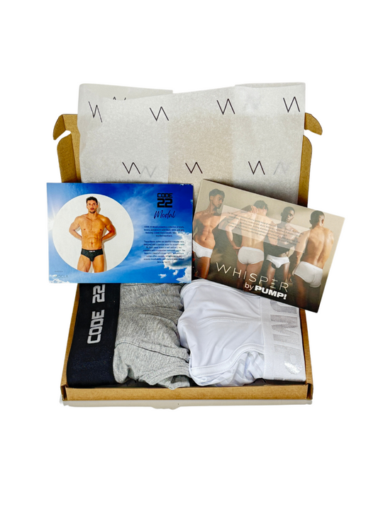 Box of men's underwear and accessories with visible branding on a white background