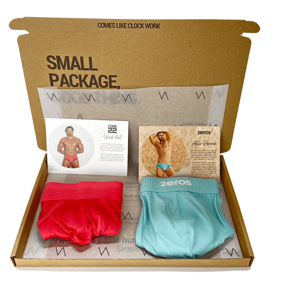 Box of men's underwear with 'zeros' branding, featuring a red and a blue pair.