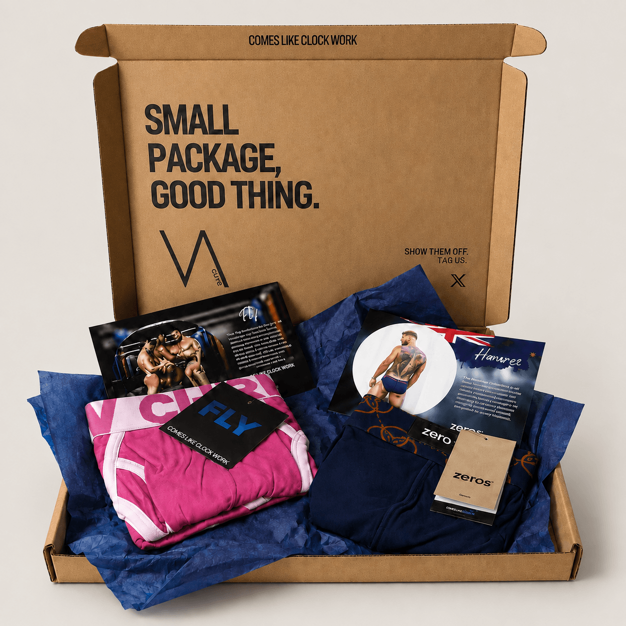 An example cardboard subscription box with two pairs of underwear for the VA CLUB men's underwear subscription service