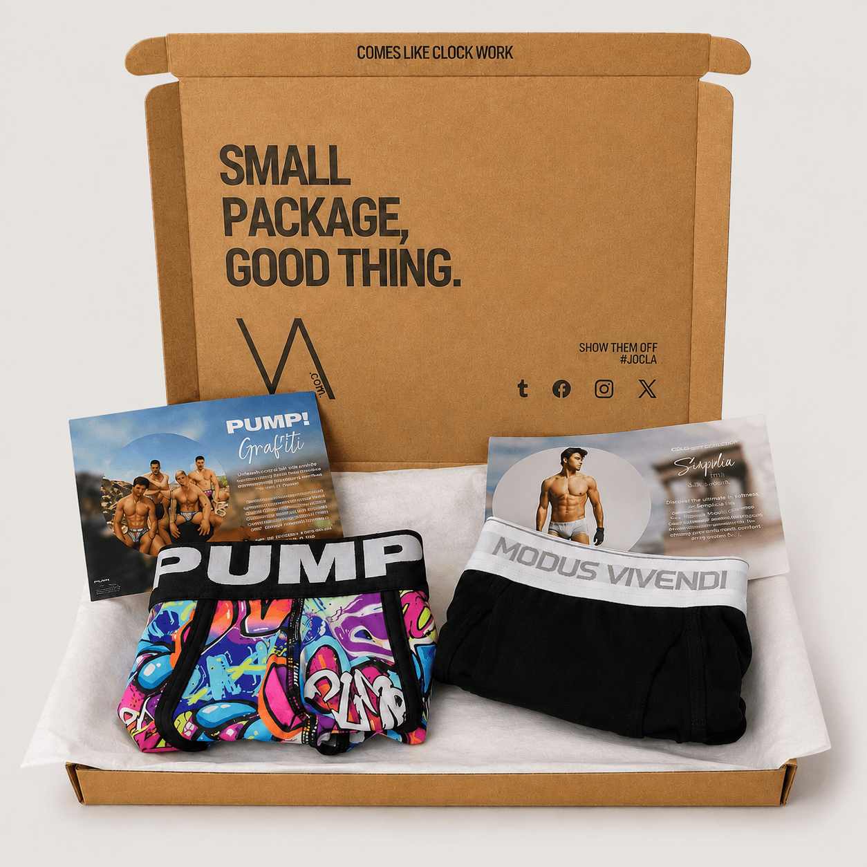 An example cardboard subscription box with two pairs of underwear for the VA CLUB men's underwear subscription service. The box contains PUMP! Graffiti and Modus Vivendi Staple underwear products