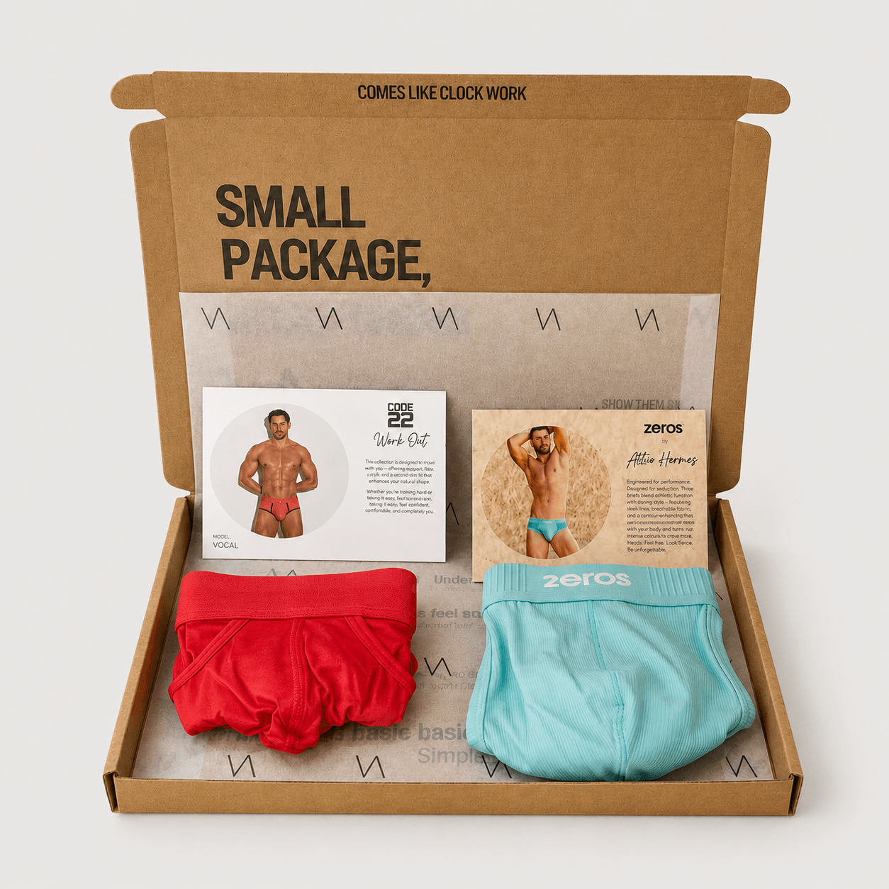 An example cardboard subscription box with two pairs of underwear for the VA CLUB men's underwear subscription service. The box contains CODE 22 and 2eros underwear products
