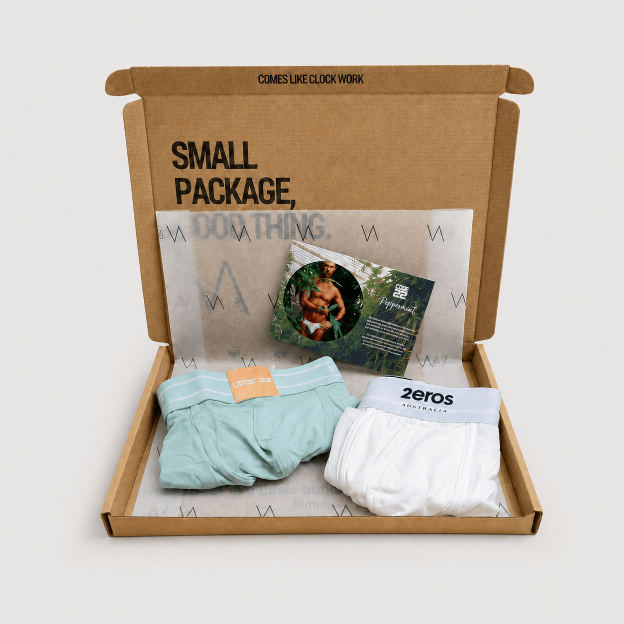 An example cardboard subscription box with two pairs of underwear for the VA CLUB men's underwear subscription service
