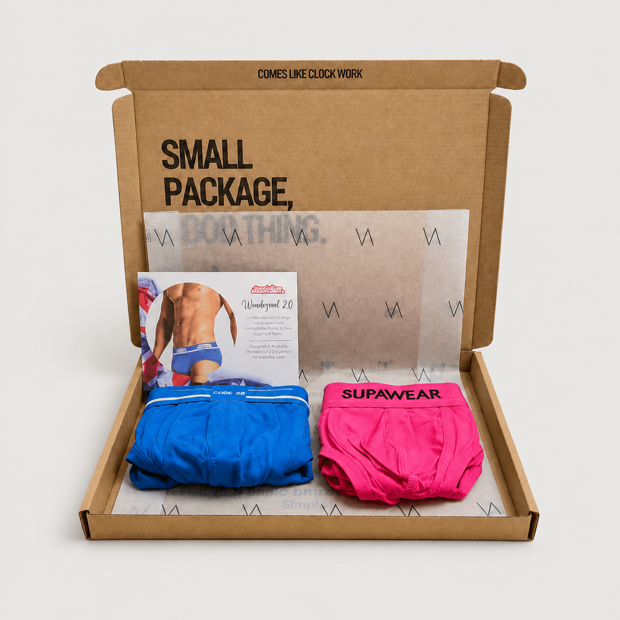 An example cardboard subscription box with two pairs of underwear for the VA CLUB men's underwear subscription service. 