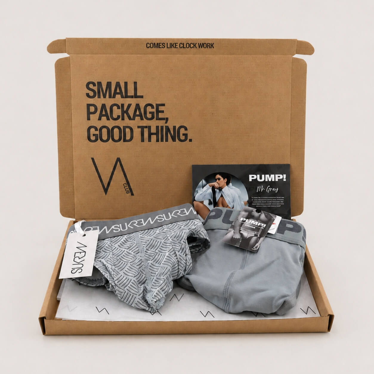An example of a VA CLUB subscription cardboard box on a light grey background containing a PUMP! Mr Gray underwear brief and a SUKREW Industrial classic thong, with brand tags, VOCLA branded tissue paper and a small printed product insert card