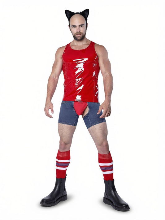 A man modeling a Halloween outfit with red sleeveless tank top with white graphic print, blue denim shorts, red and white striped socks, and black boots, against a plain white background.