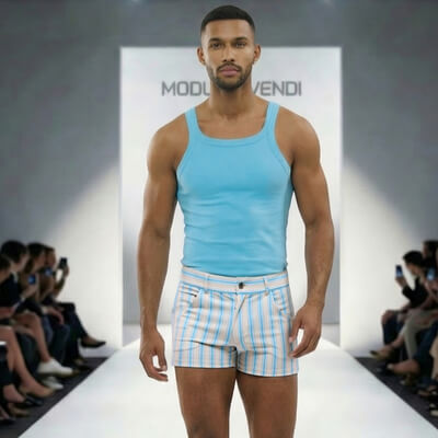 A male model walks the runway wearing an aqua tank top and beige shorts with thin blue stripes. A large white backdrop behind him reads MODUS VIVENDI, with seated audience members visible along the catwalk edges. Part of the VOCLA holiday and resort clothing collection