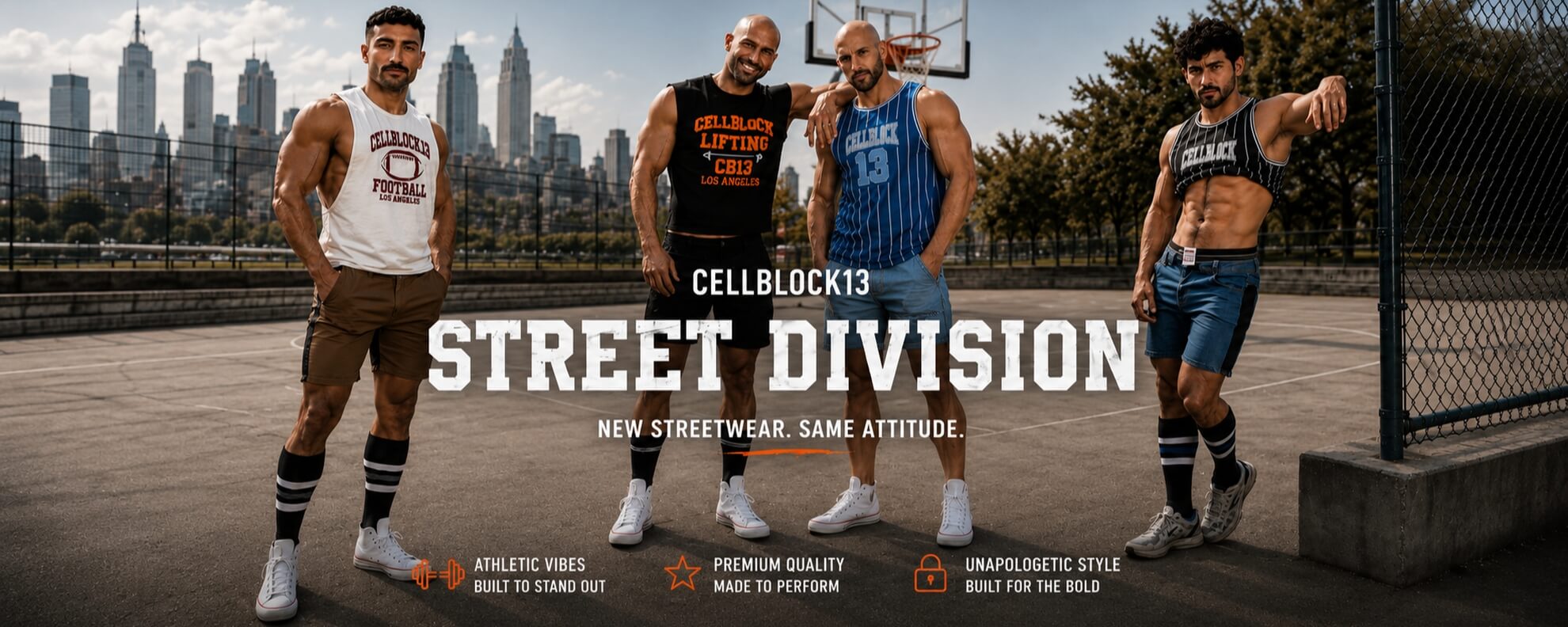 Four men modeling athletic streetwear on an outdoor basketball court with a city skyline in the background. Large text across the center reads 'CELLBLOCK13 STREET DIVISION' with smaller taglines below.