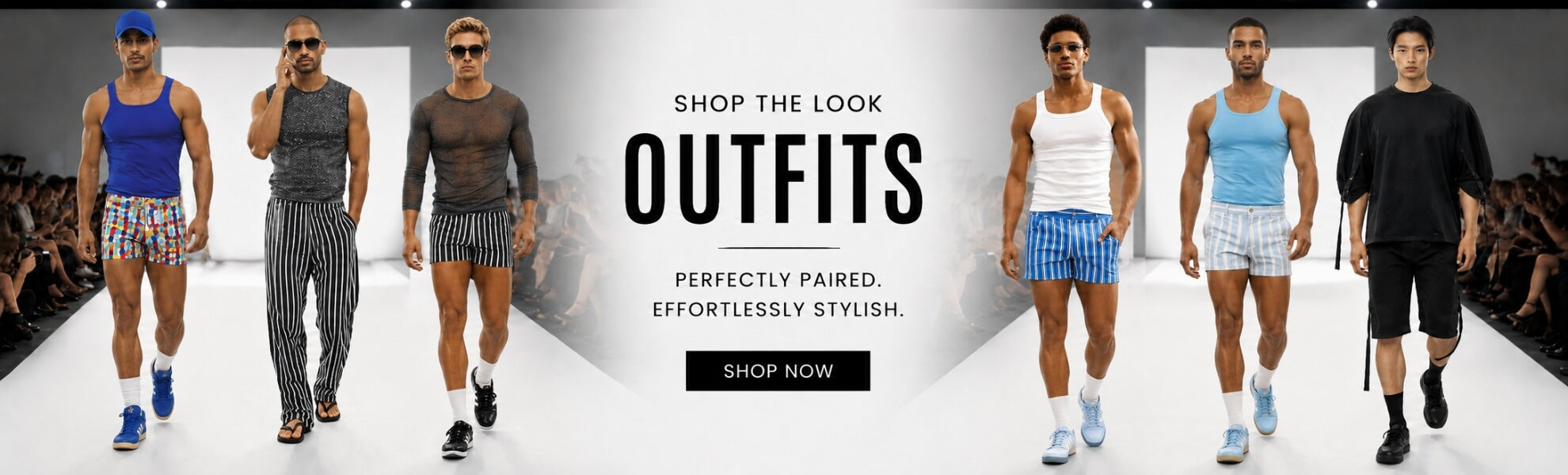 A fashion runway-style promotional banner showing six male models walking in an indoor venue, each wearing a different outfit. Large centered text reads 'SHOP THE LOOK OUTFITS' with smaller copy 'PERFECTLY PAIRED.