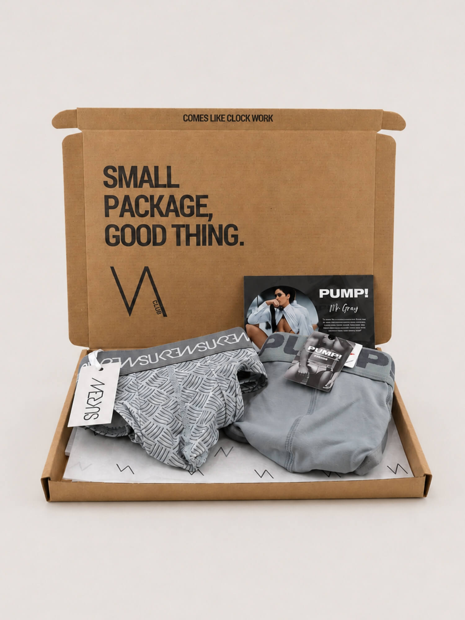 An open brown cardboard subscription box on a light grey background containing folded underwear - a SUKREW thong and a PUMP! brief, and a small printed card. The box lid has printed text reading 'SMALL PACKAGE, GOOD THING.