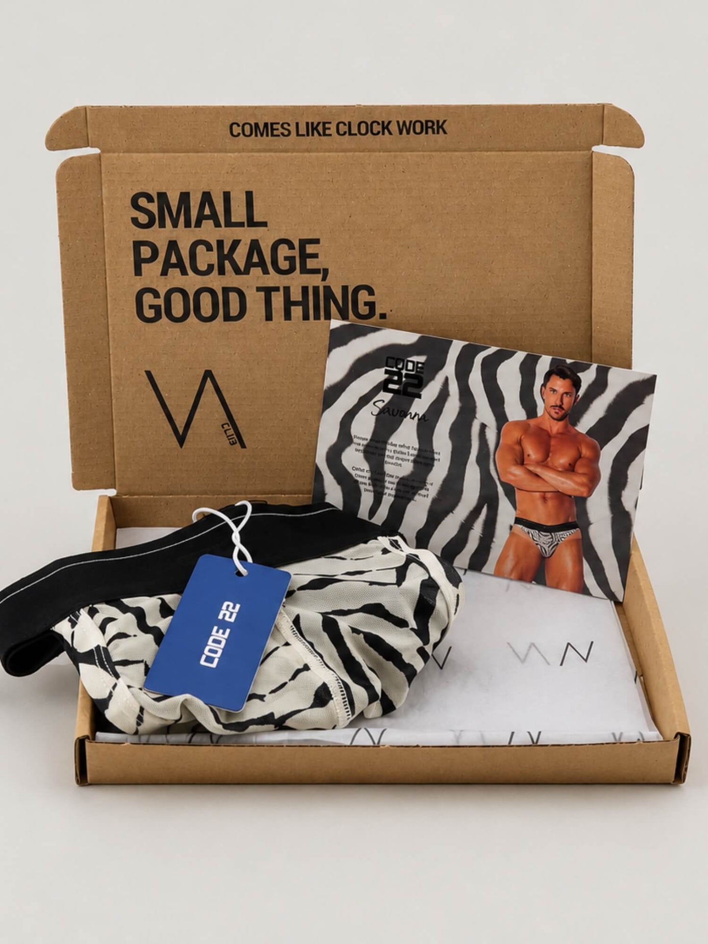 An open brown cardboard subscription box branded with VA CLUB on a light grey background, containing folded black-and-white patterned underwear, a blue Code 22 tag, and a zebra-print card featuring a male model. The inside lid reads 'SMALL PACKAGE, GOOD THING.