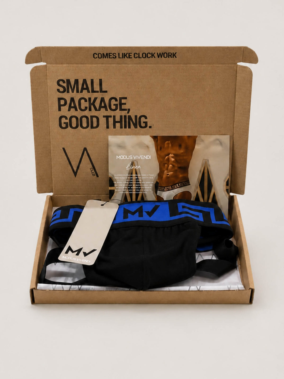 An open kraft cardboard VA CLUB subscription box on a light grey background, containing a black MODUS VIVENDI jockstrap and a beige hangtag. The box lid is printed with the text 'SMALL PACKAGE, GOOD THING.
