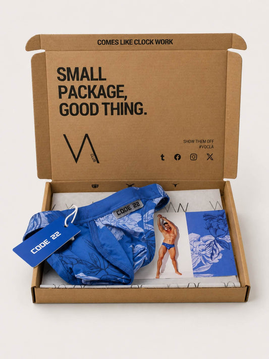 An open brown cardboard VA CLUB subscription box on a light grey background, containing a pair of blue patterned men's thongs with a blue hangtag, a folded blue-and-white card, and branded tissue paper. The inside lid reads 'SMALL PACKAGE, GOOD THING.
