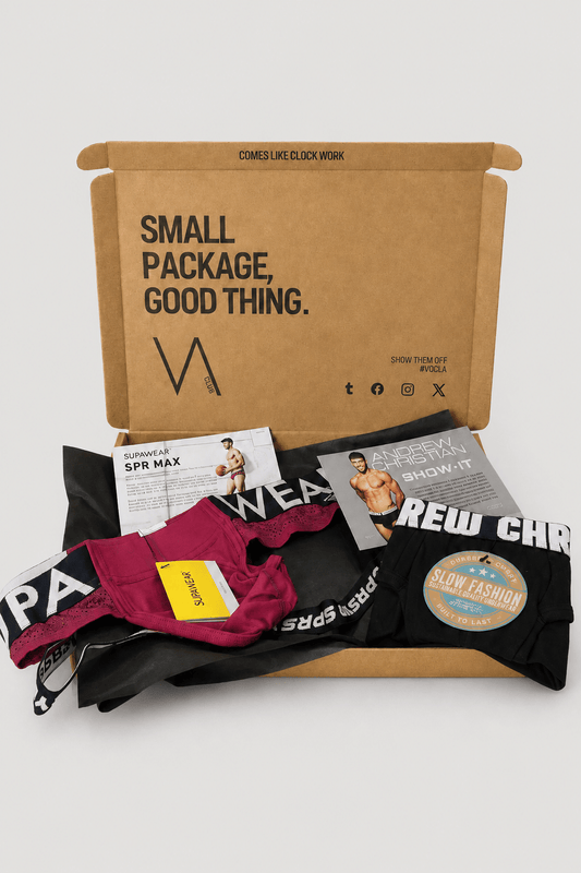An example of the VA Club men's underwear subscription box service by VOCLA with two underwear products and product cards in a branded cardboard box