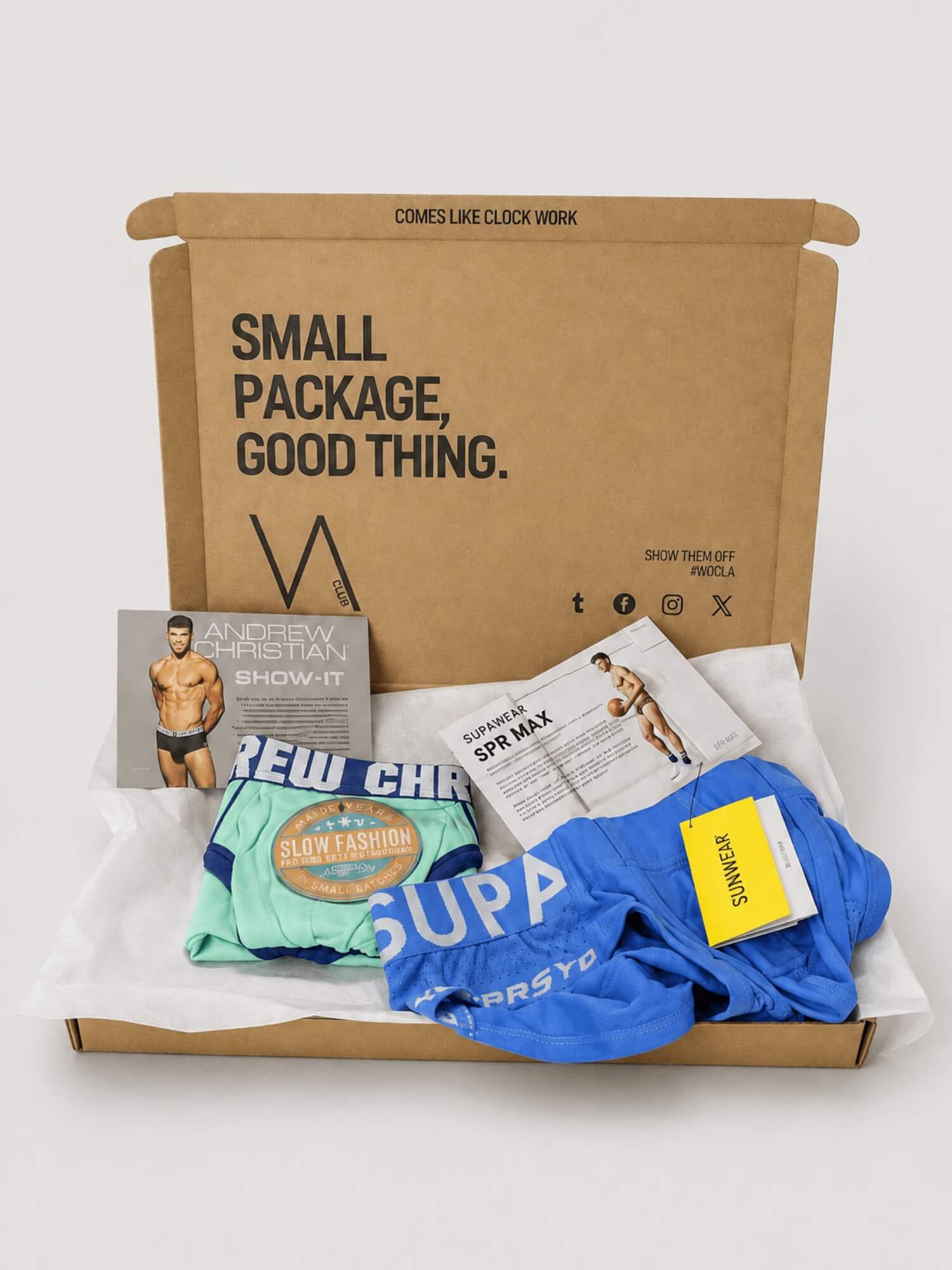 An open brown cardboard subscription box on a white background, containing folded blue and mint green athletic briefs, printed inserts, and a small card. The box lid is printed with the text 'SMALL PACKAGE, GOOD THING.