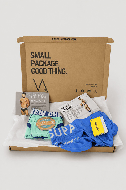 An example of the VA Club men's underwear subscription box service by VOCLA with two underwear products and product cards in a branded cardboard box