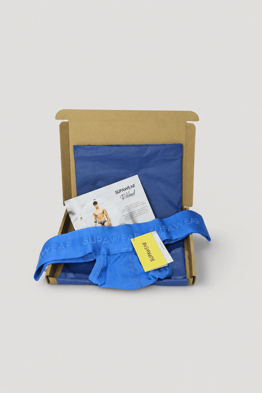 An example of the VA Club men's underwear subscription box service by VOCLA with two underwear products and product cards in a branded cardboard box