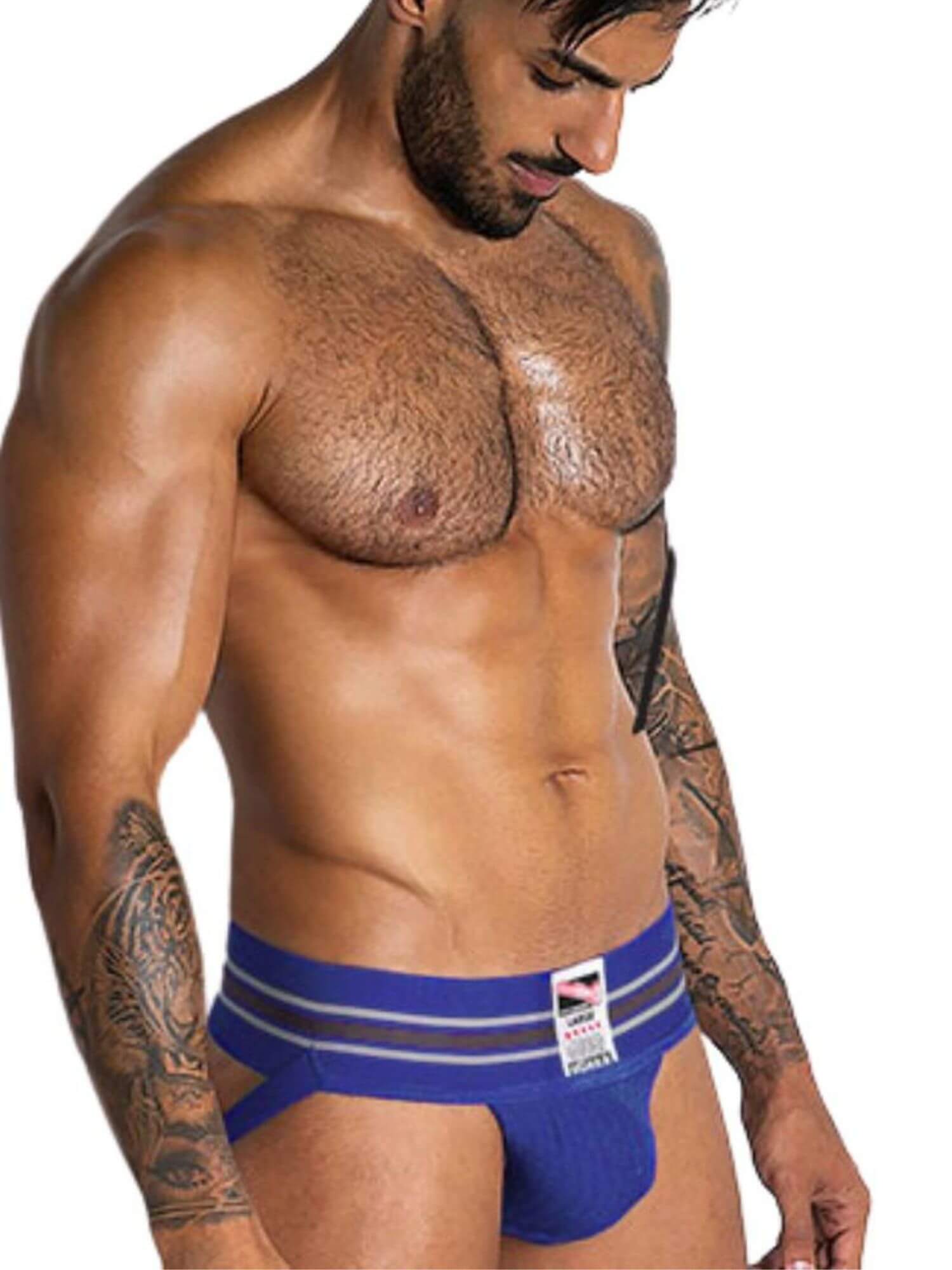 Man wearing blue underwear with a white background