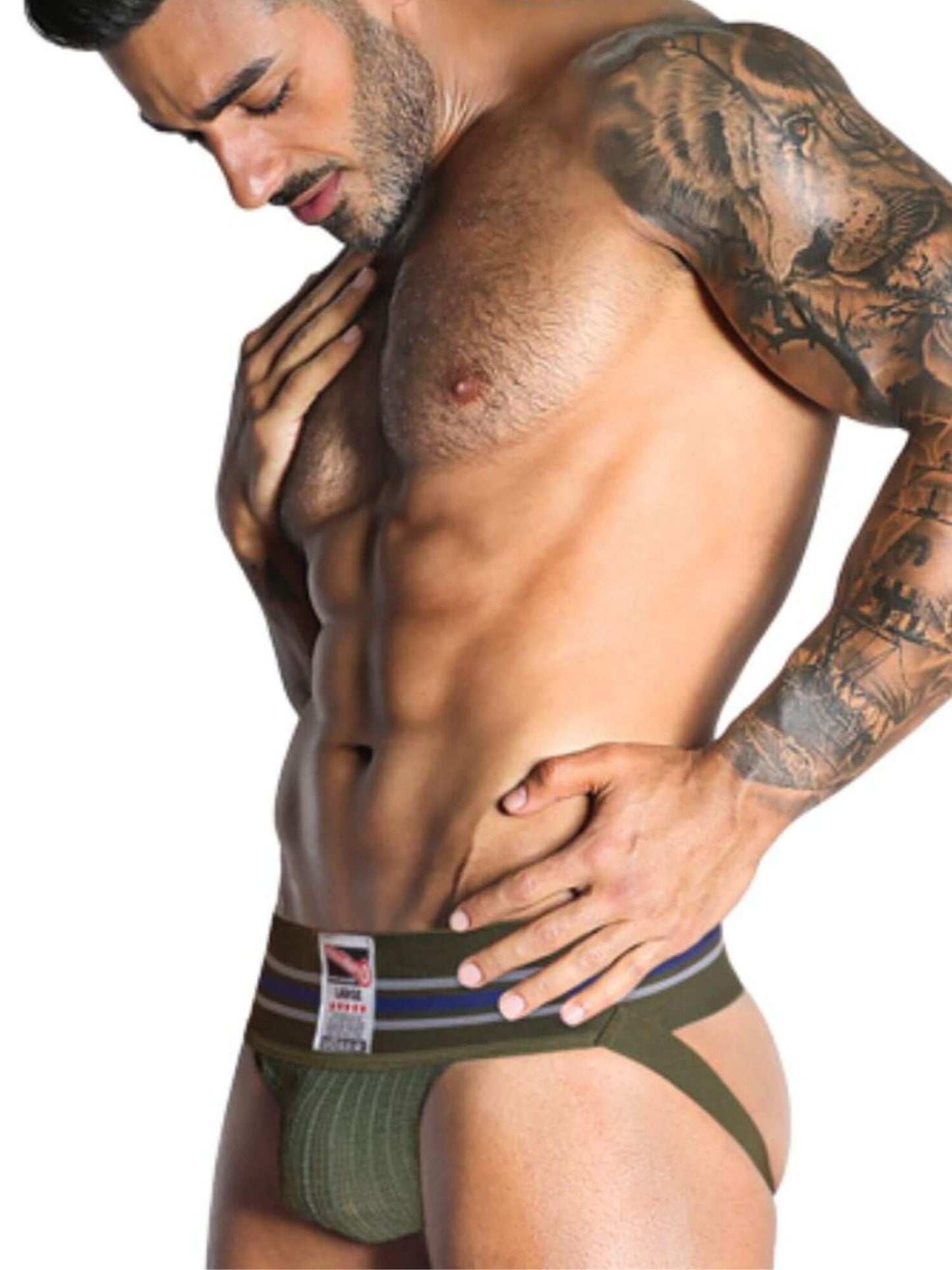 Man wearing a green underwear with a white background