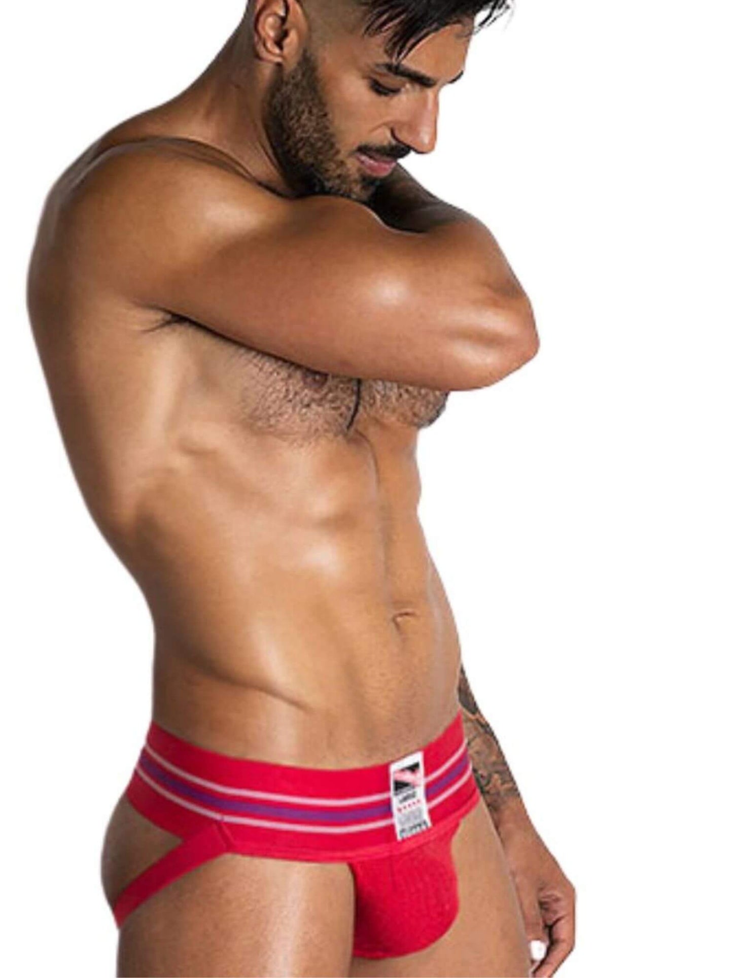 Man wearing red underwear with a white background