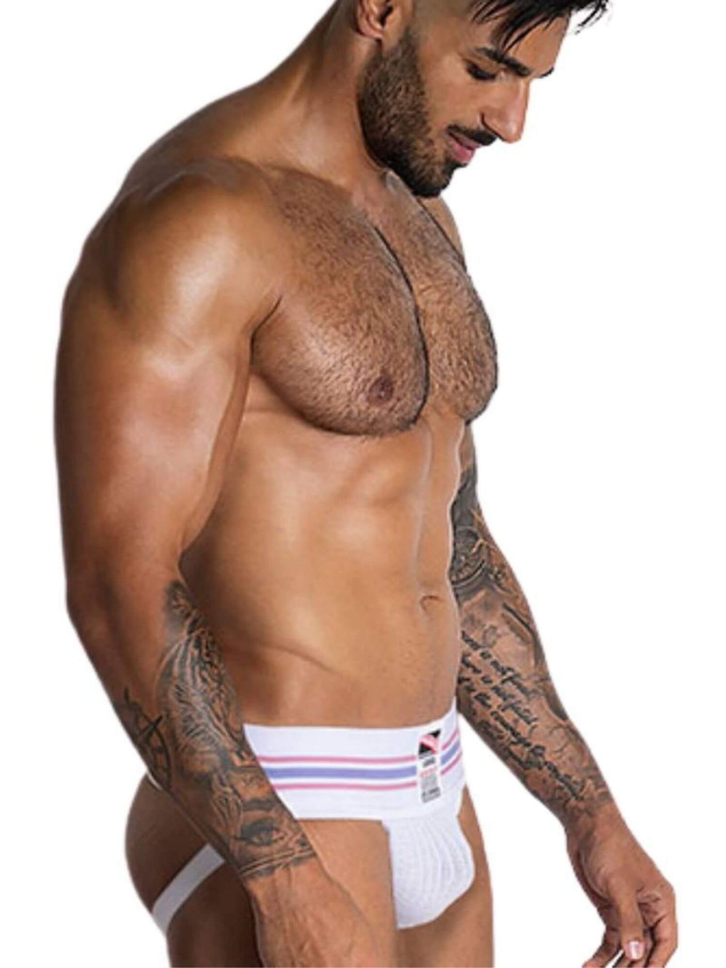 Man wearing white underwear with red and blue stripes on a white background