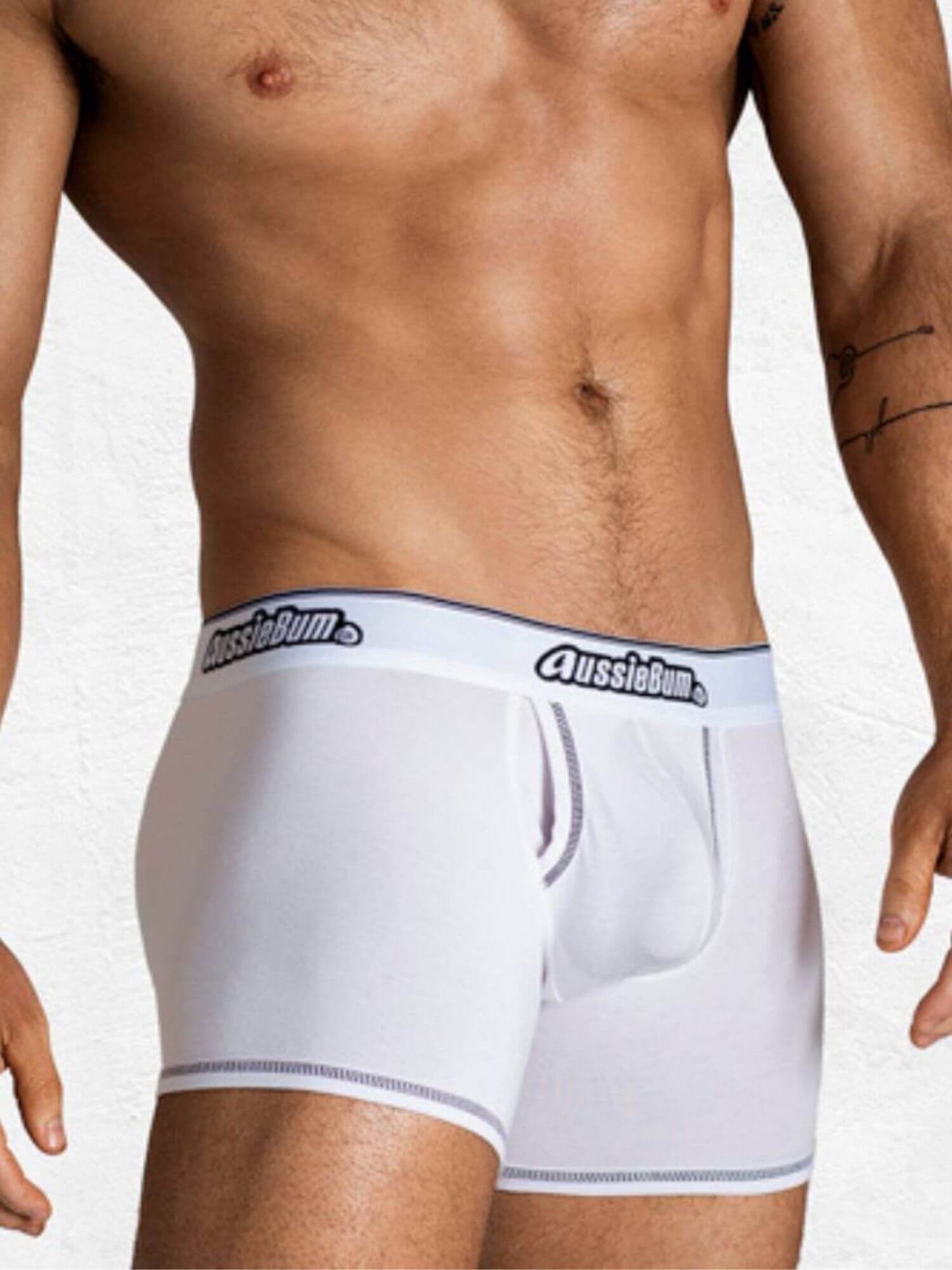 White boxer briefs with 'AussieBum' branding on a plain background