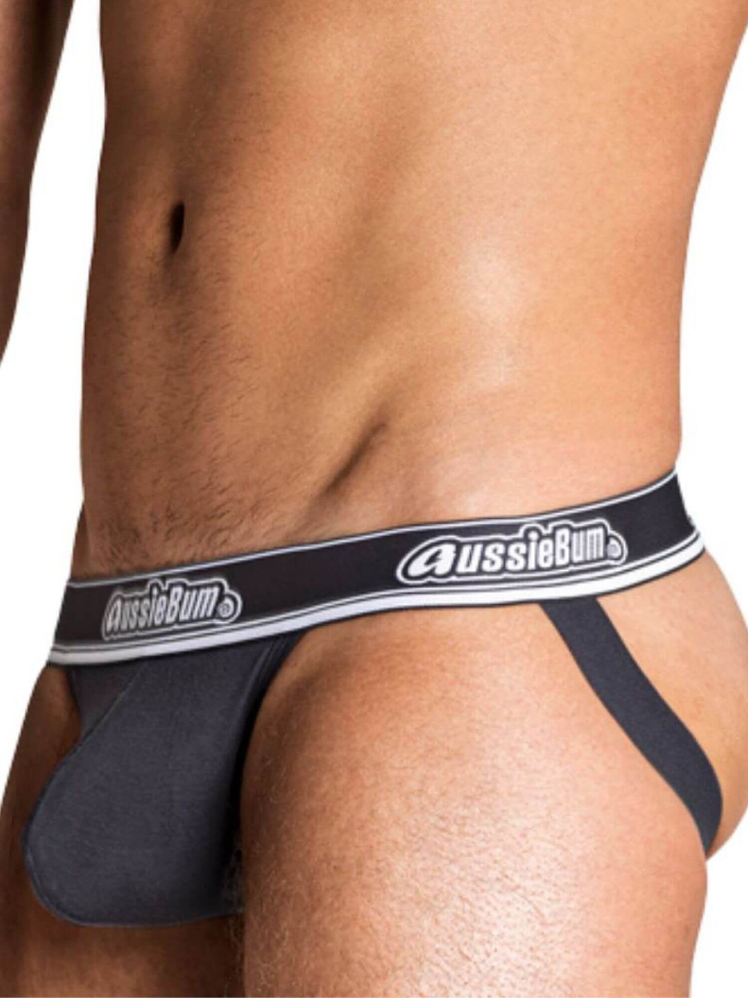 Person wearing a charcoal jockstrap with 'AussieBum' branding on a white background