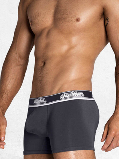 Man wearing dark gray boxer briefs with a visible brand logo on a white background
