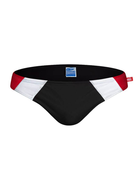 Black aussieBum Club Original swimwear brief with double retro stripes to the front sides and the aussieBum brand logo label visible.