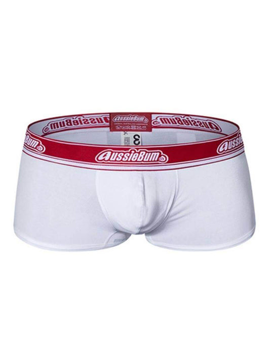 White aussieBum WonderJock 2.0 trunk with branded waistband, featuring pouch lifting and enhancement technology.