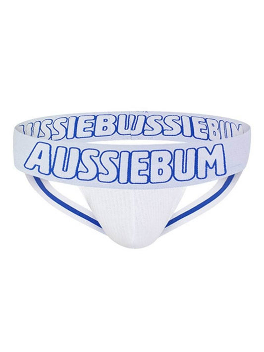 A black aussieBum X-Jock strap with prominent white aussieBum branding, featuring a thick waistband and striped design on the straps.