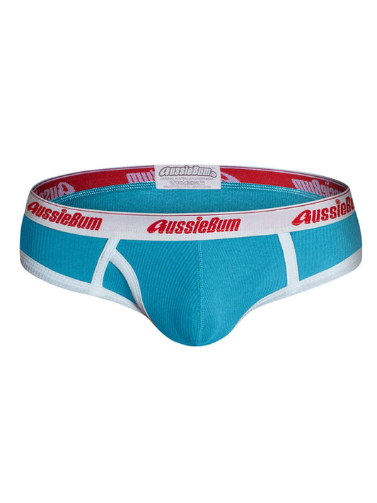 Blue men's underwear with red and white 'AussieBum' branding on a white background