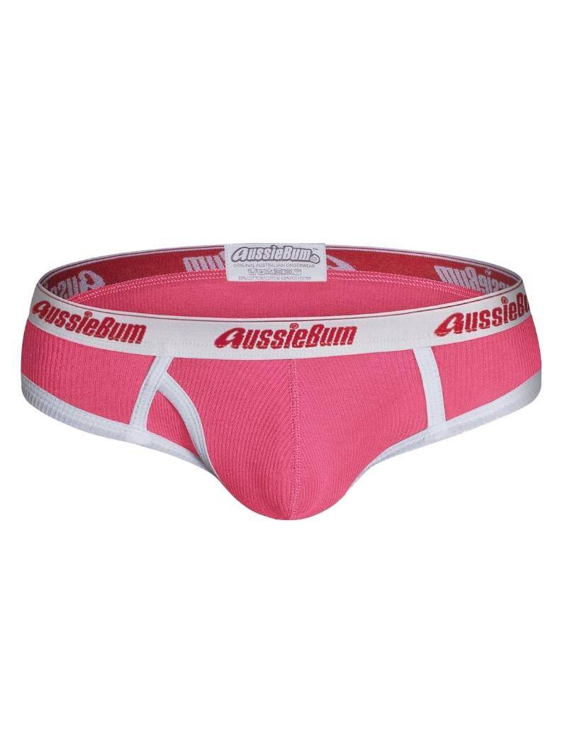 Pink underwear with 'AussieBum' branding on a white background
