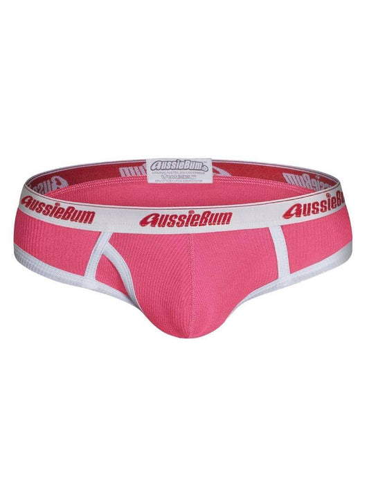 Pink underwear with 'AussieBum' branding on a white background