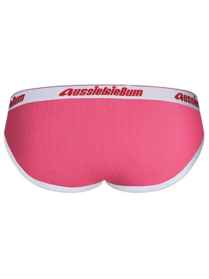 Pink underwear with white waistband featuring 'AussieBum' logo on a white background