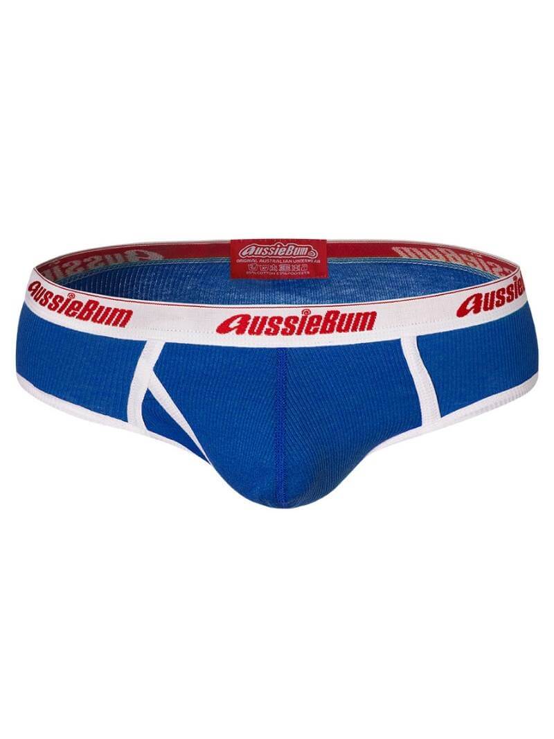 Blue men's underwear with red and white 'AussieBum' logo on a white background