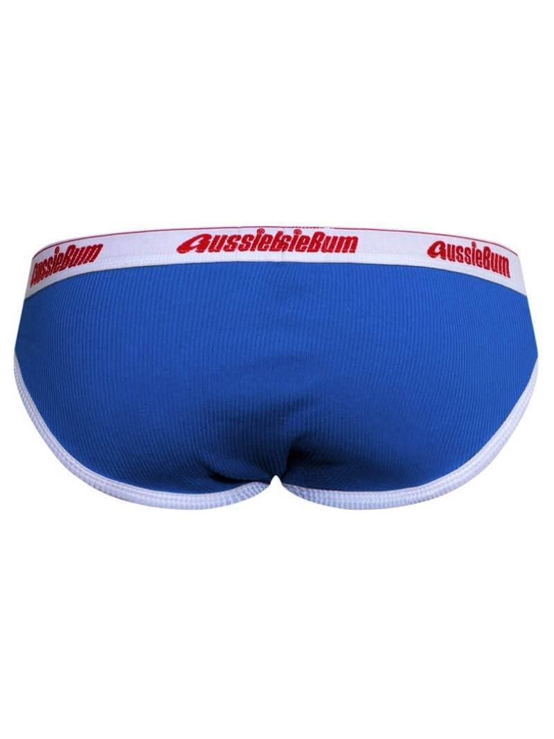 Blue men's underwear with red and white 'AussieBum' logo on a white background