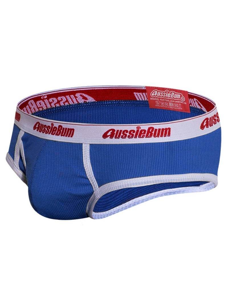 Blue men's underwear with red and white 'AussieBum' waistband on a white background
